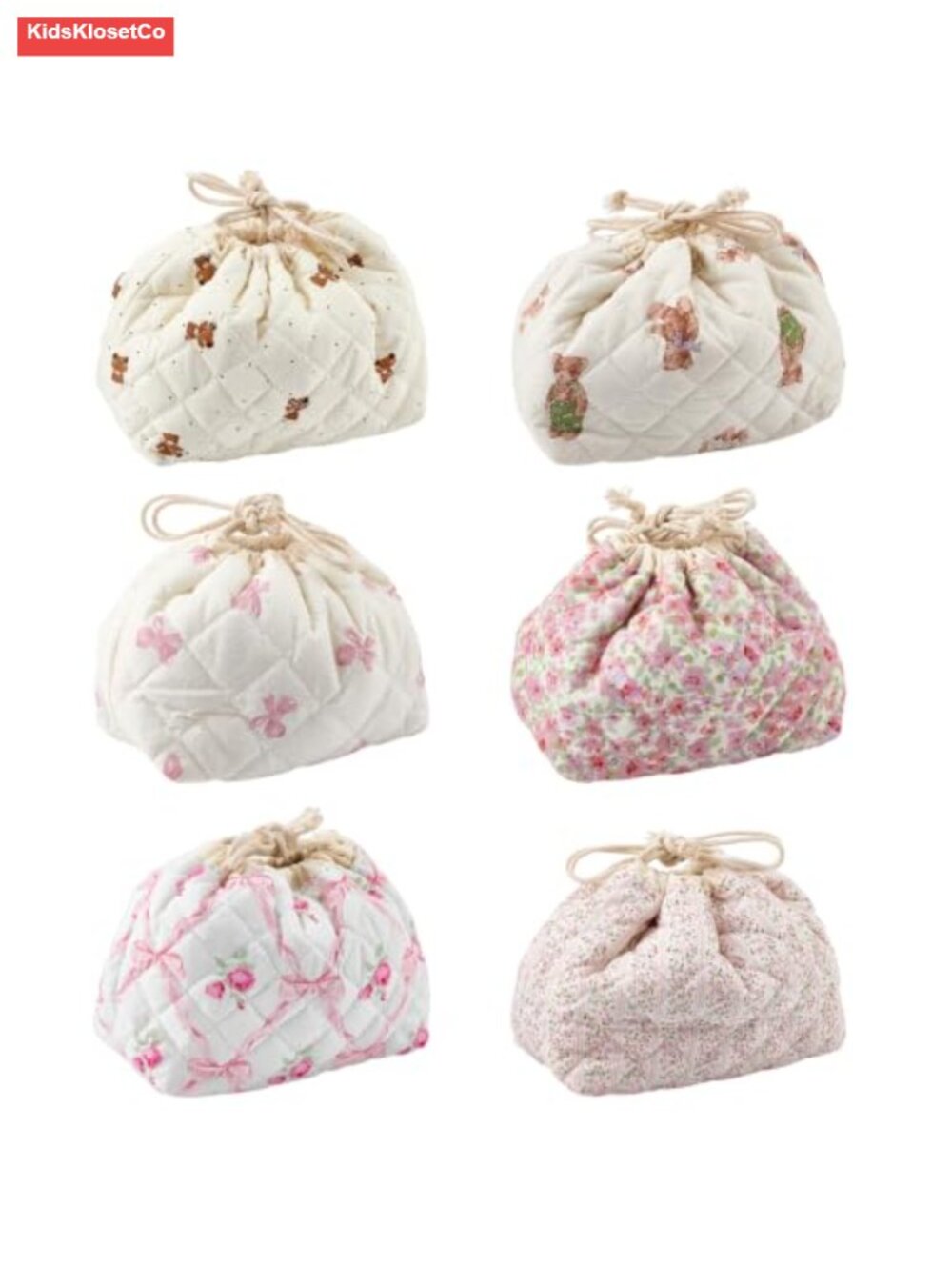 Set of 6 Cotton Quilted Drawstring Cosmetic Bags Canvas Lining Travel Toiletry